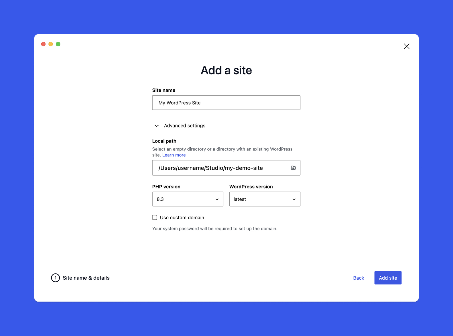 Set the site name and configure advanced settings.