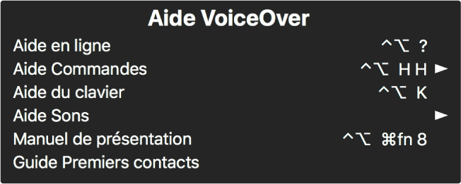 Le menu Aide de VoiceOver est une sous-fenêtre qui répertorie les éléments suivants, de haut en bas : Aide en ligne, Aide Commandes, Aide du clavier, Aide Sons, Manuel de présentation et Guide Premiers contacts. À droite de chaque élément se trouve la commande VoiceOver qui affiche l’élément ou une flèche pour accéder à un sous-menu.