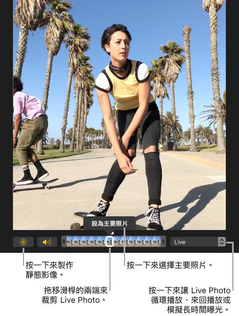編輯畫面中的 Live Photo 下方有個滑桿,顯示照片的影格。Live Photo 按鈕和「揚聲器」按鈕位於滑桿左側,右側則為用來加入循環播放、來回播放或長時間曝光效果的彈出式選單。