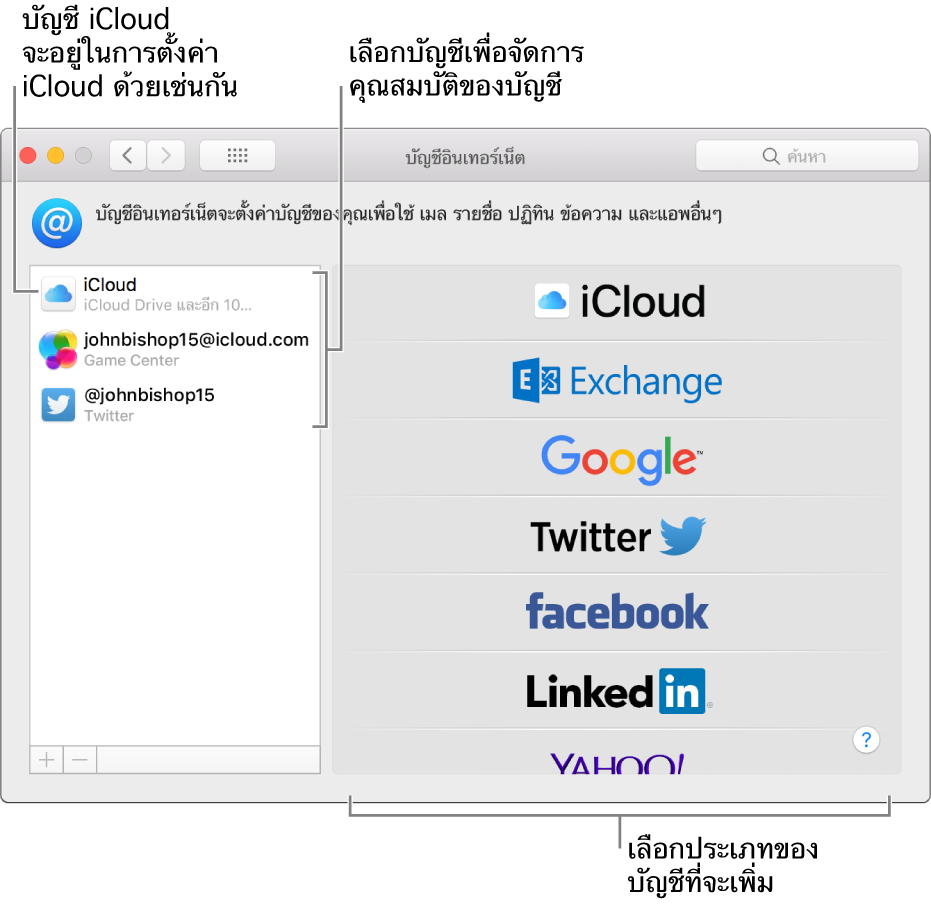 การตั้งค่าบัญชีอินเทอร์เน็ตโดยมีบัญชี iCloud และบัญชีทวิตเตอร์อยู่ในรายการด้านขวา และมีประเภทบัญชีที่ใช้งานได้อยู่ในรายการด้านซ้าย