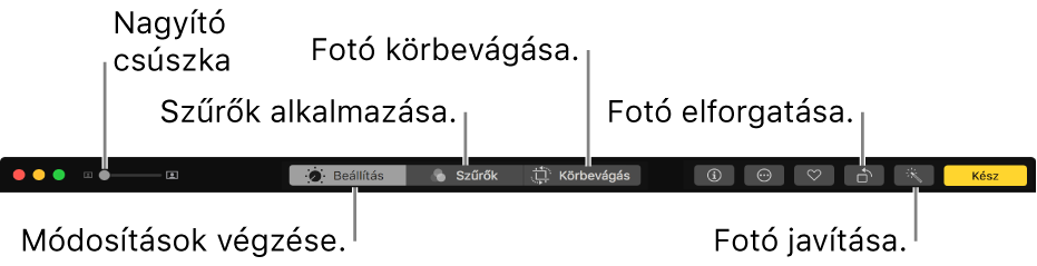A Szerkesztés eszközsor, a módosítások, szűrők hozzáadására és vágások beállításainak megjelenítésére szolgáló gombokkal.