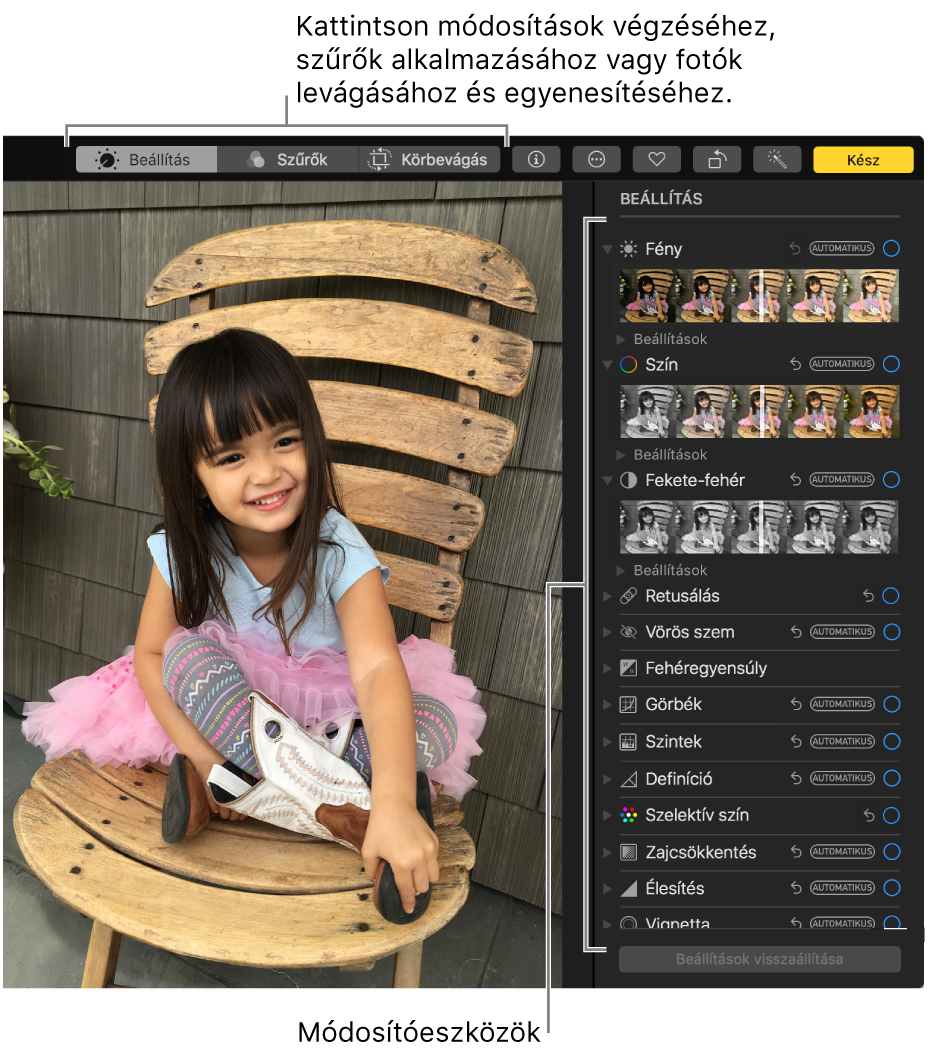 Fotó szerkesztési nézetben, a jobb oldalon a szerkesztőeszközökkel.