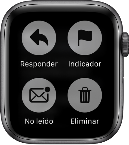 Si pulsas la pantalla mientras visualizas un mensaje en el Apple Watch, se mostrarán cuatro botones en la pantalla: Responder, Indicador, “No leído” y Eliminar.