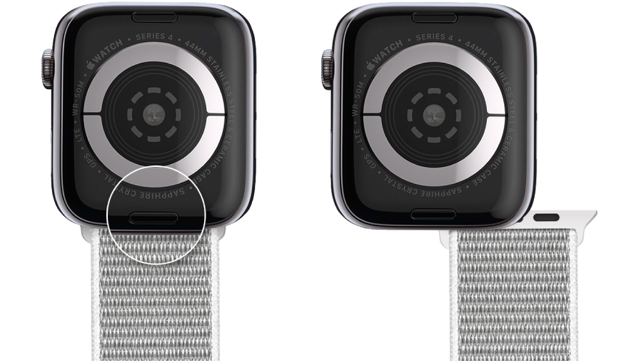 Deux images de l’Apple Watch. L’image de gauche présente le bouton pour défaire le bracelet. L’image de droite présente un bracelet de montre partiellement inséré dans l’emplacement prévu à cet effet.