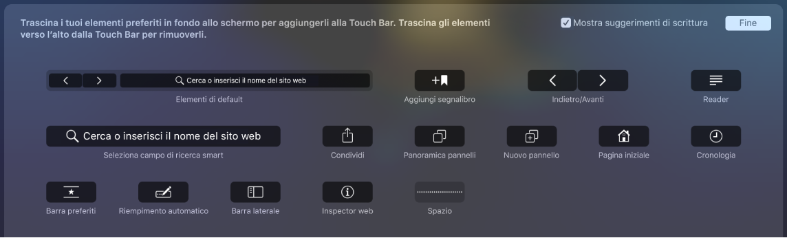Le opzioni di personalizzazione in Safari che possono essere trascinate nella Touch Bar.