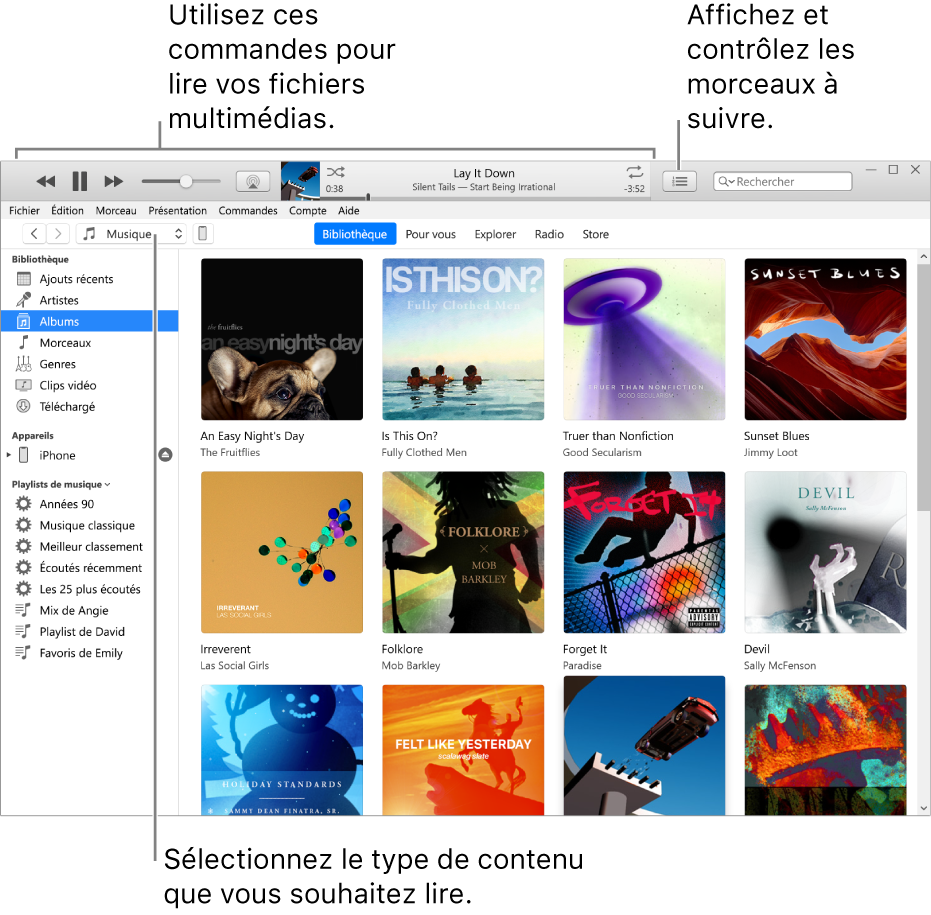 La fenêtre principale de la bibliothèque iTunes : Dans le navigateur, choisissez le type de contenus multimédias à lire (tel que Musique). Utilisez les commandes de la bannière située en haut pour lire votre contenu multimédia, et utilisez le menu local Liste d’attente sur la droite pour voir votre bibliothèque de différentes manières.