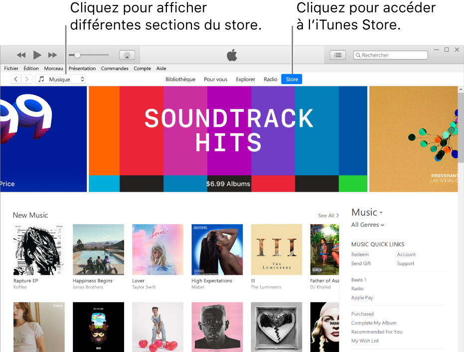 La fenêtre principale de l’iTunes Store : Dans la barre de navigation, Store est surligné. Dans le coin supérieur gauche, choisissez de voir différents contenus dans l’iTunes Store (par exemple Musique ou TV).