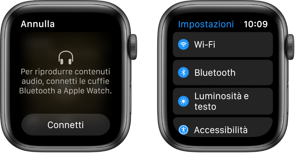 Se prima di abbinare gli altoparlanti o gli auricolari Bluetooth cambi la sorgente audio impostandola su Apple Watch, nella parte inferiore della schermata viene visualizzato il pulsante “Connetti un dispositivo”, che apre le impostazioni Bluetooth su Apple Watch; qui puoi aggiungere un dispositivo audio.