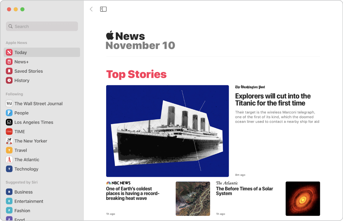Une fenêtre de News affichant la liste de suivi et « Top Stories ».
