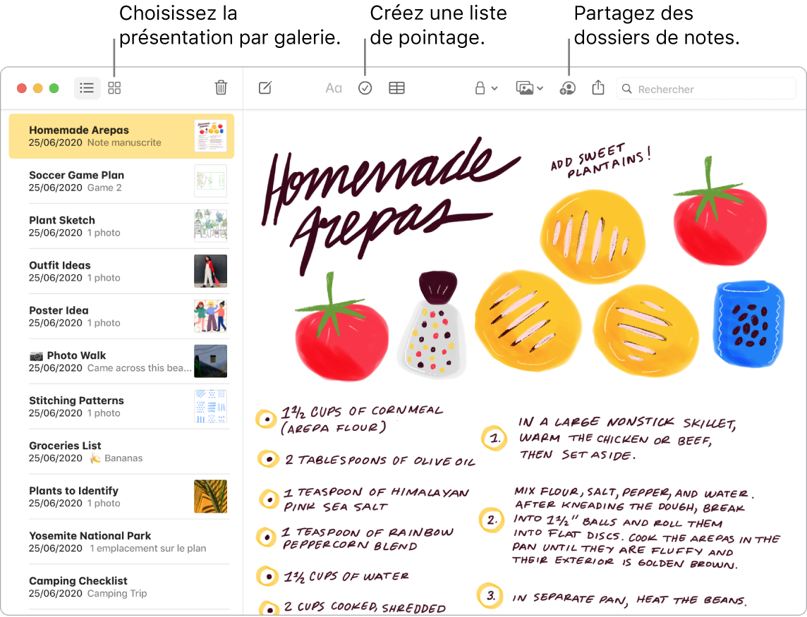 Une fenêtre de Notes dans la présentation par galerie, avec des légendes vers les boutons « Présentation par galerie », « Liste de pointage » et « Partager le dossier ».