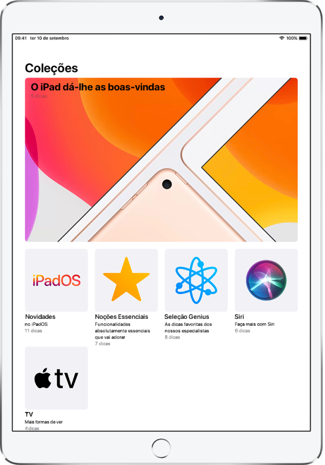 Um ecrã a mostrar coleções de Dicas. Pode tocar numa coleção para ver dicas nela.