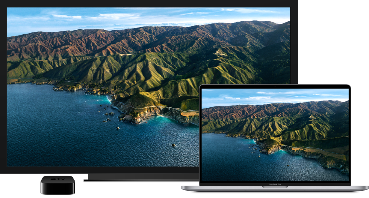 En MacBook Pro med indholdet dubleret på et stort HD-fjernsyn og en Apple TV-enhed.