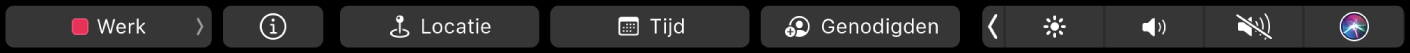 De Touch Bar voor Agenda met knoppen voor het kiezen van agenda's, voor meer informatie over de activiteit, het wijzigen van de locatie, het wijzigen van de tijd en het toevoegen van genodigden.