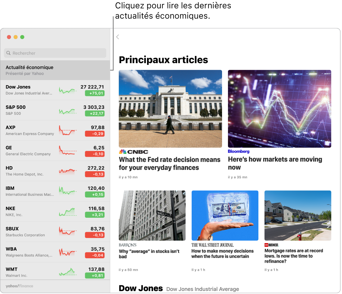 Le tableau de bord de Bourse affichant les cours du marché dans une liste de suivi, accompagnés de « Meilleurs articles ».