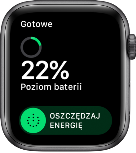 Ekran Oszczędzaj energię, zawierający przycisk Gotowe w lewym górnym rogu, pozostały procent naładowania baterii oraz suwak Oszczędzaj energię.