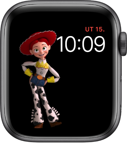 Ciferník Toy Story, na ktorom je vpravo hore zobrazený deň, dátum a čas a v ľavej časti obrazovky je animovaná postavička Jessie.