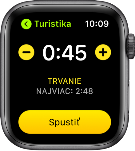 Obrazovka s cieľom zobrazujúca čas vo vrchnej časti s tlačidlami – a + po stranách a tlačidlom Spustiť v spodnej časti.