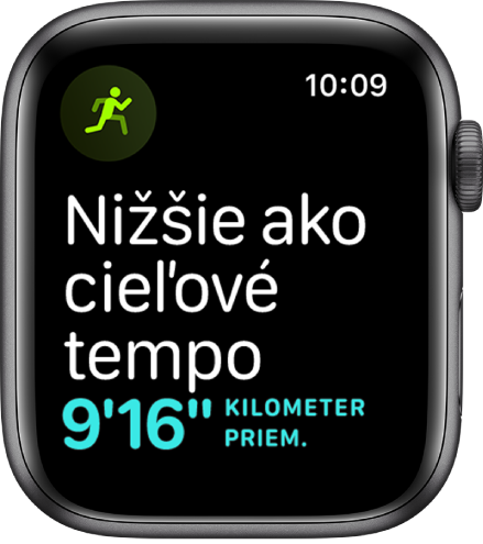 Obrazovka apky Tréning, na ktorej je hlásenie o nedodržaní cieľového tempa.
