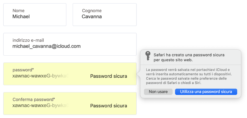 Finestra di dialogo con una password sicura creata da Safari per un sito web, che verrà salvata in Portachiavi iCloud Keychain dell'utente e sarà disponibile per il riempimento automatico sui dispositivi dell'utente stesso.
