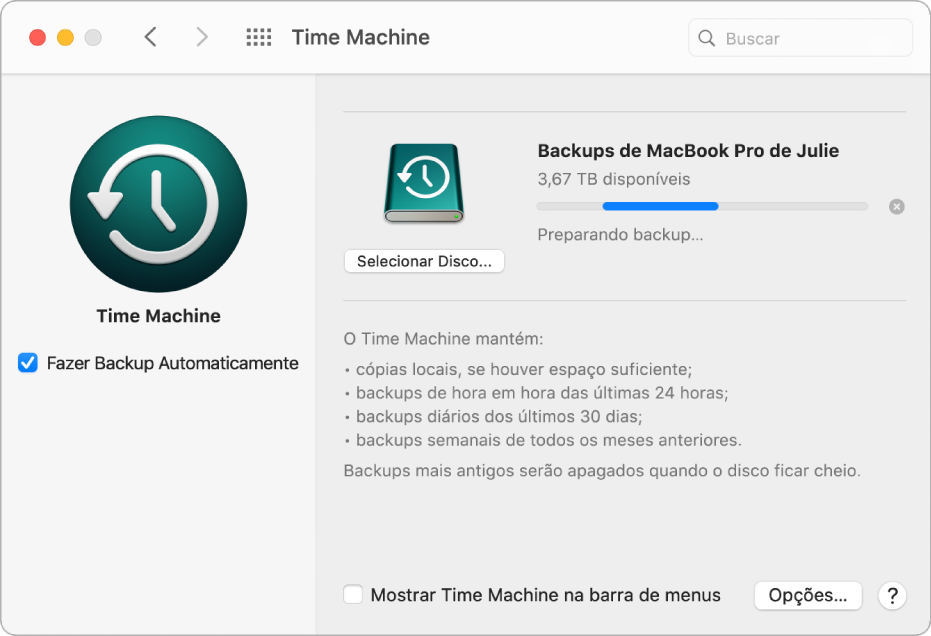 Preferência Time Machine mostrando o progresso de um backup para uma unidade externa.