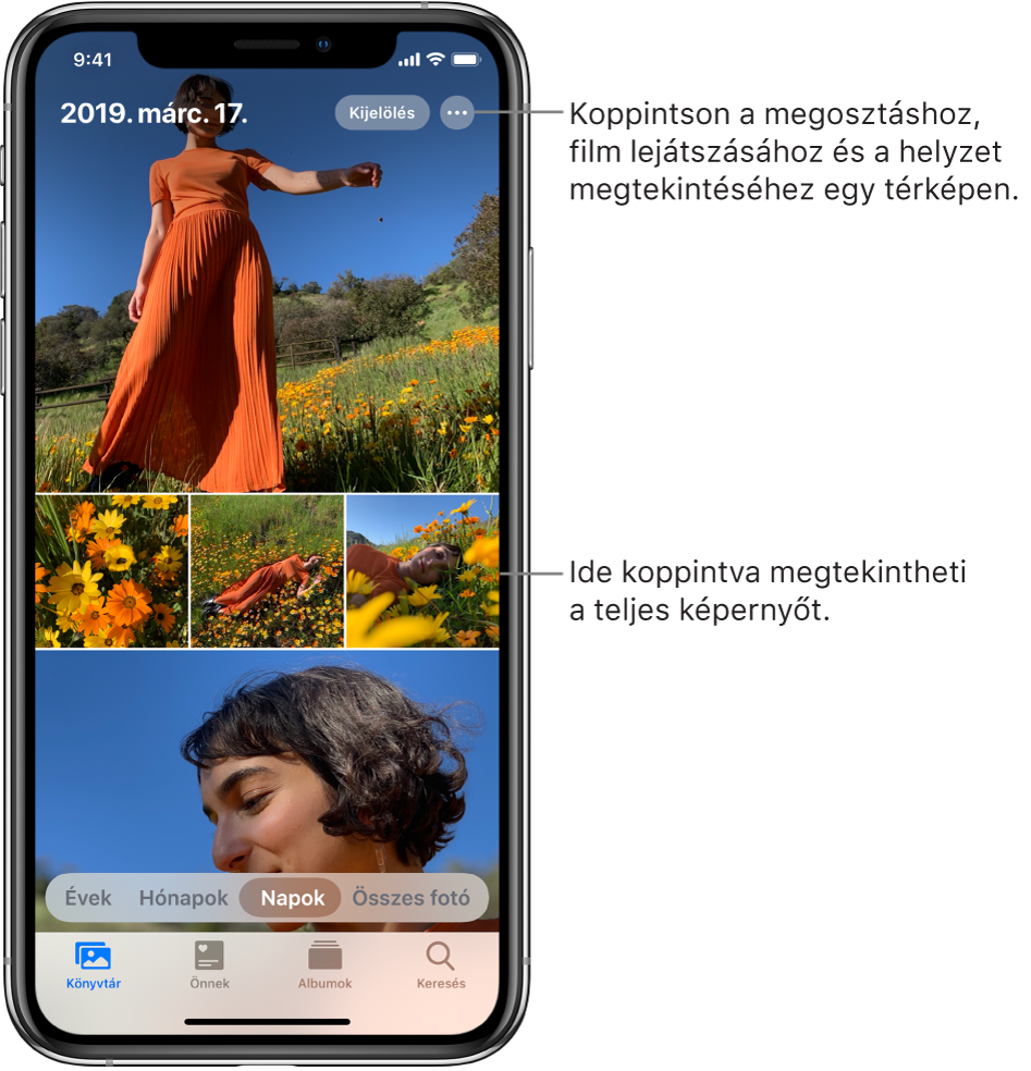 A fotókönyvtár napi nézetben. A képernyőn néhány fotó bélyegképei láthatók. A képernyő bal felső részén a fotók készítésének dátuma és helye jelenik meg. A jobb felső részen a Kijelölés és a További beállítások gomb látható, amelyekkel megoszthatja a fotókat, és megjelenítheti a részleteket. A bélyegképek alatt lévő opciók segítségével évek, hónapok vagy napok szerint tekintheti meg a fotókönyvtárat, illetve megjelenítheti az összes fotót. A képernyő alján a Könyvtár, az Önnek, az Albumok és a Keresés lap található.