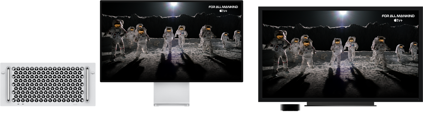 كمبيوتر Mac Pro تم إجراء انعكاس لمحتوياته على تلفاز HDTV كبير باستخدام Apple TV.