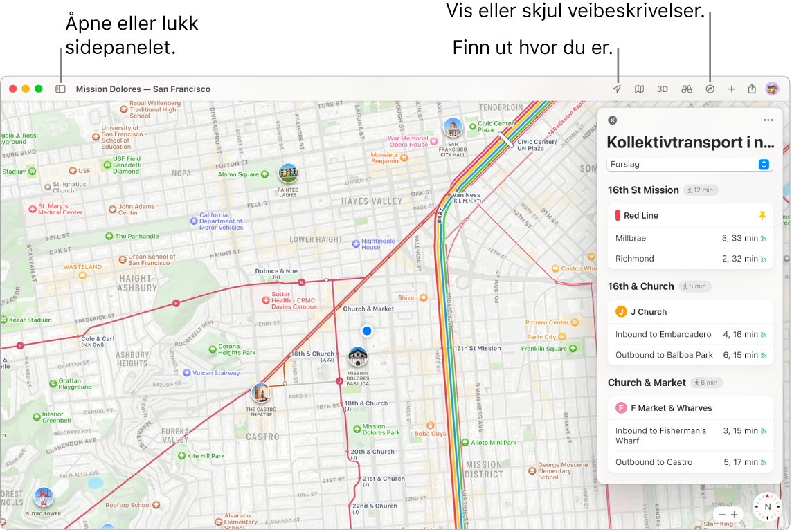 Et Kart-vindu som viser hvordan du kan få veibeskrivelse ved å klikke på en destinasjon i sidepanelet, hvordan du åpner og lukker sidepanelet og hvordan du finner posisjonen din på kartet.
