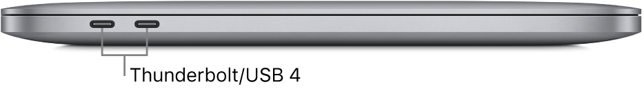 Le côté gauche d’un MacBook Pro, avec une légende pour les ports Thunderbolt/USB 4.