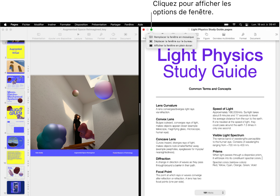 Une présentation Keynote remplissant le côté gauche de l’écran et un document Pages remplissant le côté droit. Un menu local est ouvert sous le bouton vert et propose les options « Remplacer la fenêtre en mosaïque », « Déplacer la fenêtre sur le bureau » et « Afficher la fenêtre en plein écran ».