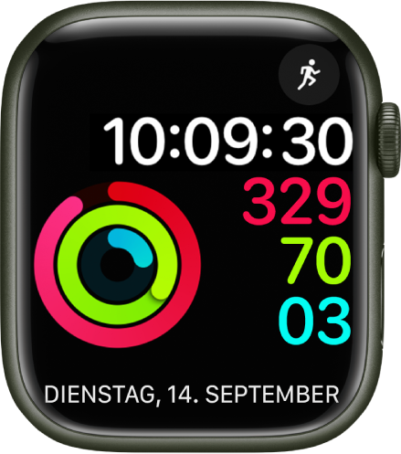 Das Zifferblatt „Aktivität Digital“ zeigt neben der Zeit auch deinen Fortschritt bei den Zielen „Bewegen“, „Trainieren“ und „Stehen“. Es gibt außerdem zwei Komplikationen: „Training“ oben rechts und „Kalender“ mit Wochentag, Monat und Datum unten.