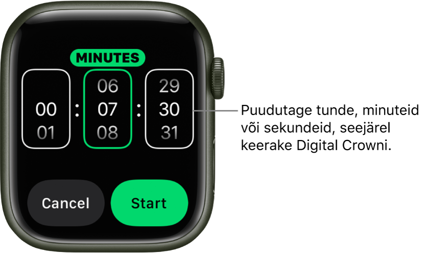 Seaded kohandatud taimeri loomiseks, tunnid vasakul, minutid keskel ning sekundid paremal. All on nupud Start ja Cancel.