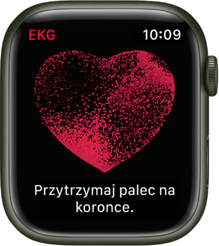 Aplikacja EKG z ilustracją serca oraz etykietą „Przytrzymaj palec na koronce.“.