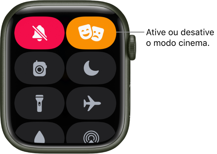 Central de Controle com os botões modo cinema e modo silencioso destacados para indicar que o modo cinema está ativado.