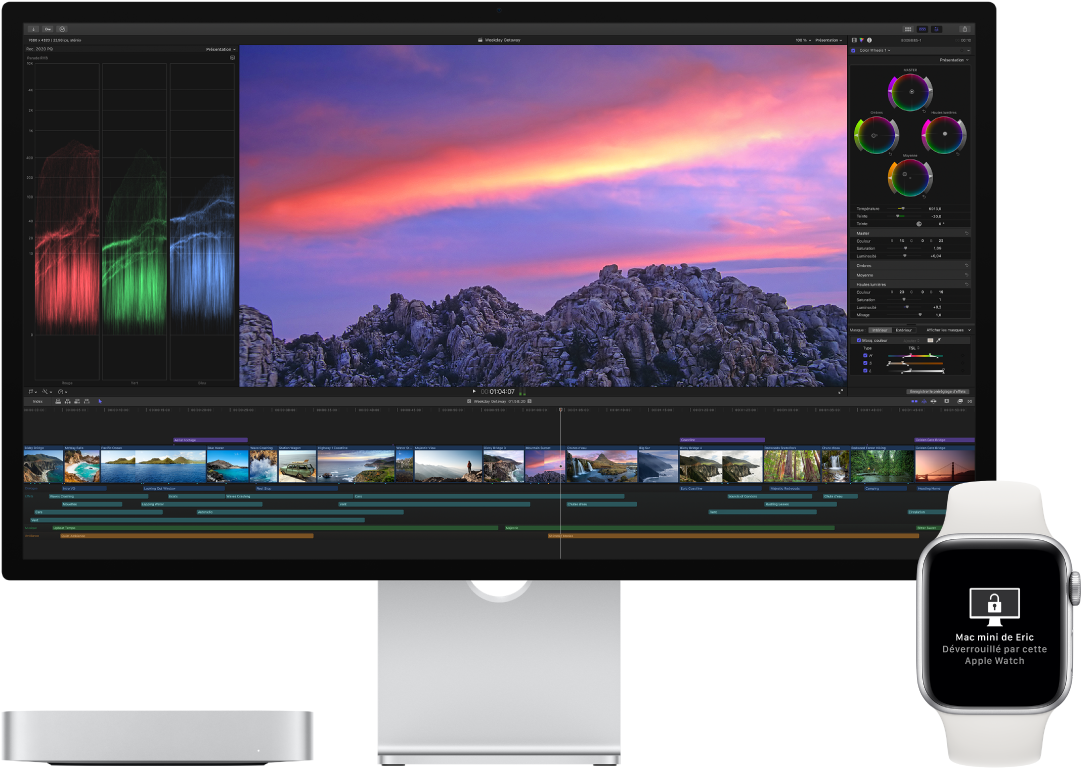 Un Mac mini et son écran à côté d’une Apple Watch affichant un message qui indique que le Mac a été déverrouillé par la montre.