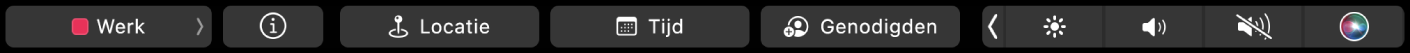 De Touch Bar voor Agenda met knoppen voor het kiezen van agenda's, voor meer informatie over de activiteit, het wijzigen van de locatie, het wijzigen van de tijd en het toevoegen van genodigden.