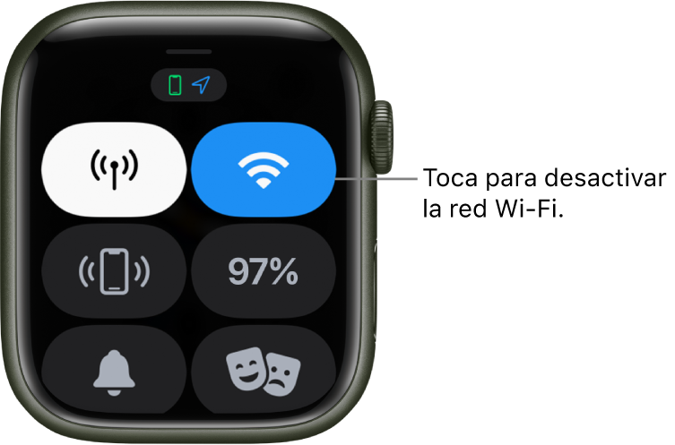 Centro de control del Apple Watch (GPS + Cellular) con el botón de Wi-Fi en la parte superior. El texto dice Toca para desactivar la red Wi-Fi.