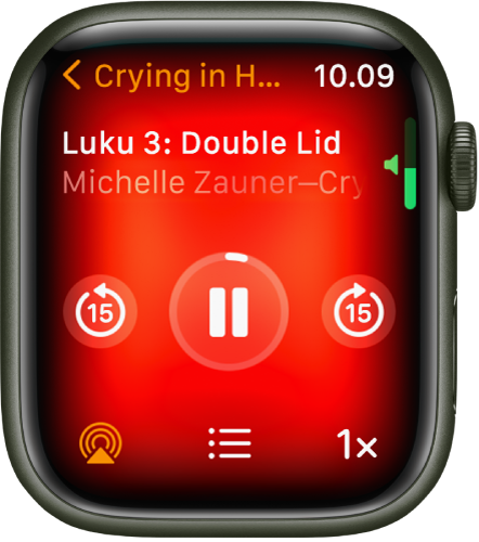 Äänikirjojen toistonäyttö, jonka yläosassa on äänikirjan nimi, sen alla luku ja sen alla toistosäätimet.