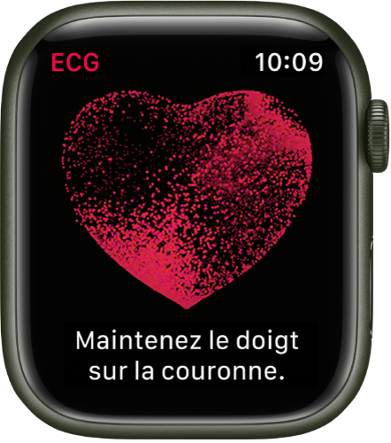 L’app ECG affichant une image d’un cœur avec les mots « Maintenez le doigt sur la couronne ».