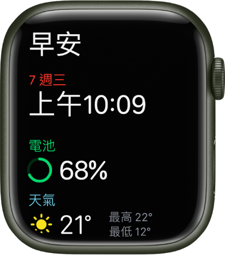 顯示起床畫面的 Apple Watch。文字「早安」顯示在最上方。日期、時間、電池電量和天氣位於下方。