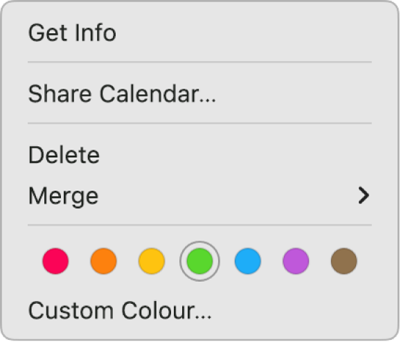A Calendar shortcut menu showing options for setting the calendar colour.