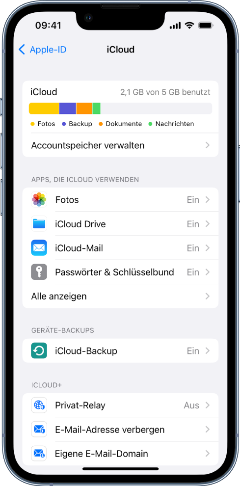 Bildschirm mit den iCloud-Einstellungen mit der Nutzungsanzeige für den iCloud-Speicher und einer Liste von Apps und Diensten wie „Mail“, „Kontakte“ und „Nachrichten“, die mit iCloud verwendet werden können.