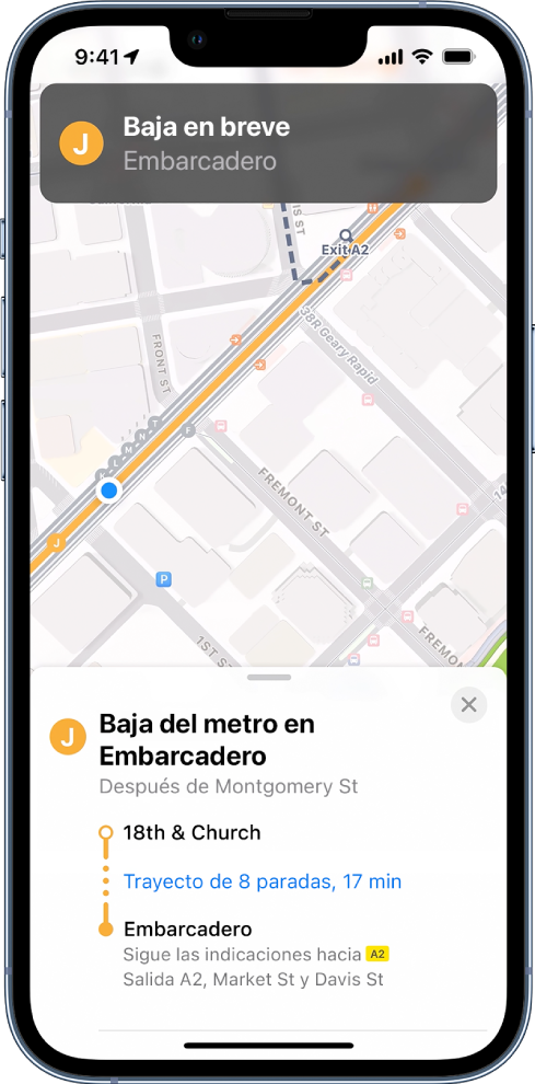 Mapa con indicaciones para ir en transporte público y una notificación para salir pronto.