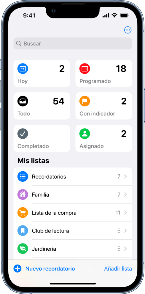 Pantalla con varias listas en Recordatorios. El campo de búsqueda aparece en la parte superior, encima de las listas inteligentes de los ítems para hoy, los recordatorios programados, todos los recordatorios y los recordatorios marcados. El botón “Añadir lista” se encuentra abajo a la derecha.