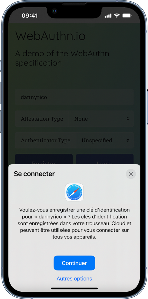 La moitié inférieure de l’écran de l’iPhone offre la possibilité d’utiliser des clés d’identification pour vous connecter à un site web. Elle comporte un bouton Continuer pour enregistrer une clé d’identification, ainsi qu’un bouton « Autres options ».