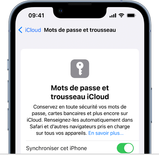 L’écran « Mot de passe et trousseau iCloud », avec un réglage pour synchroniser cet iPhone.