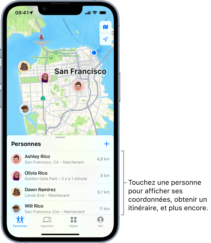 L’écran Localiser ouvert sur l’onglet Personnes. Il y a quatre personnes dans la liste : Ashley Rico, Olivia Rico, Dawn Ramirez, and Will Rico. Leur position est affichée sur un plan de San Francisco.