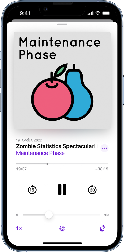 Ovládacie prvky prehrávania na obrazovke Práve hrá. Pod grafikou podcastu je názov epizódy a ovládacie prvky na prechod dozadu a dopredu v relácii, prehranie relácie a zmenu hlasitosti. Pod ním sa nachádza ovládanie hlasitosti. V ľavom dolnom okraji sa nachádza ovládací prvok, pomocou ktorého sa mení rýchlosť prehrávania. V pravom dolnom rohu je časovač.