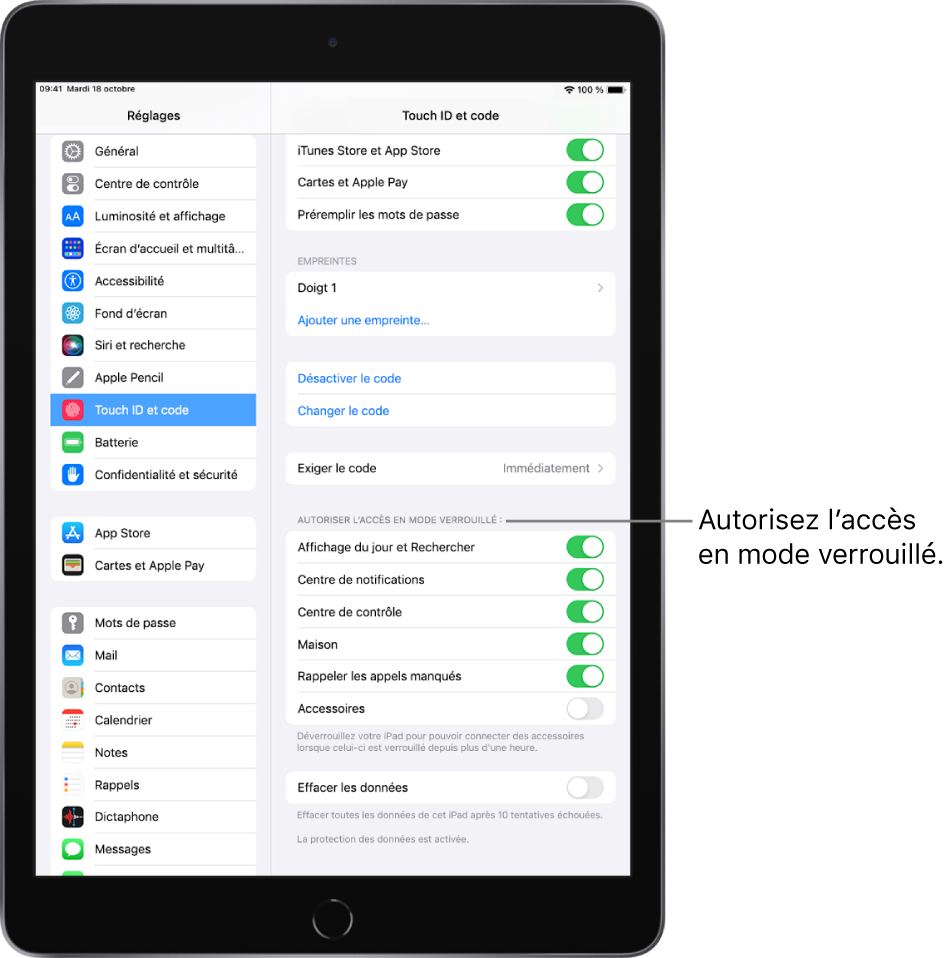 Réglages « Touch ID et code », avec des options permettant d’accéder à des fonctionnalités spécifiques lorsque l’iPad est verrouillé.