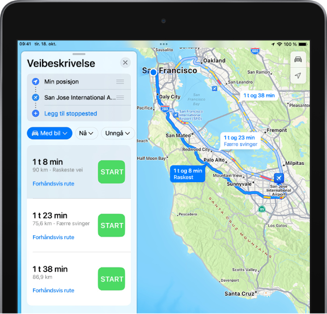 Et kart med flere kjøreruter, og hver rute har en Start-knapp i rutekortet til venstre.