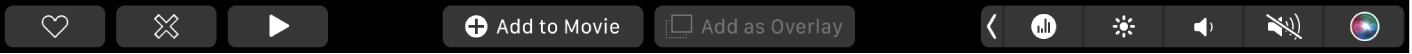Touch Bar d’iMovie affichant des boutons pour lire, ajouter à un film et ajouter en tant qu’incrustation vidéo.